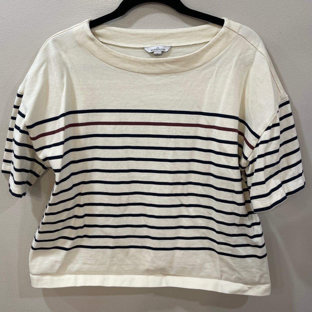 L.L. Bean Cream and Navy Thick Jersey Cotton Striped Short Sleeve Tee